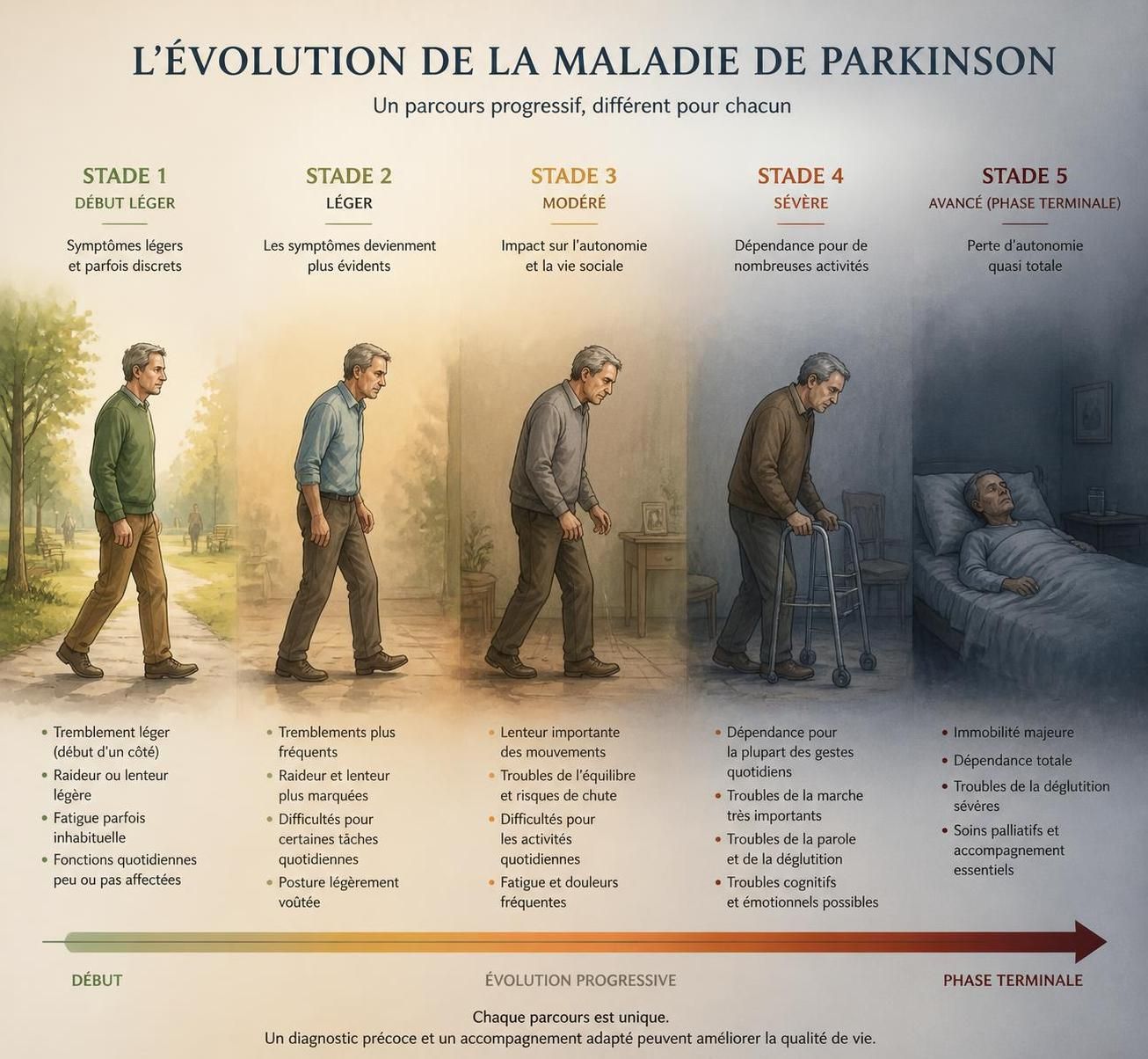 découvrez comment la maladie de parkinson progresse jusqu'à ses stades avancés et les signes annonciateurs vers la fin de vie, afin de mieux comprendre cette évolution.